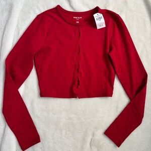 deep red long sleeve cropped cardigan with cut out detail